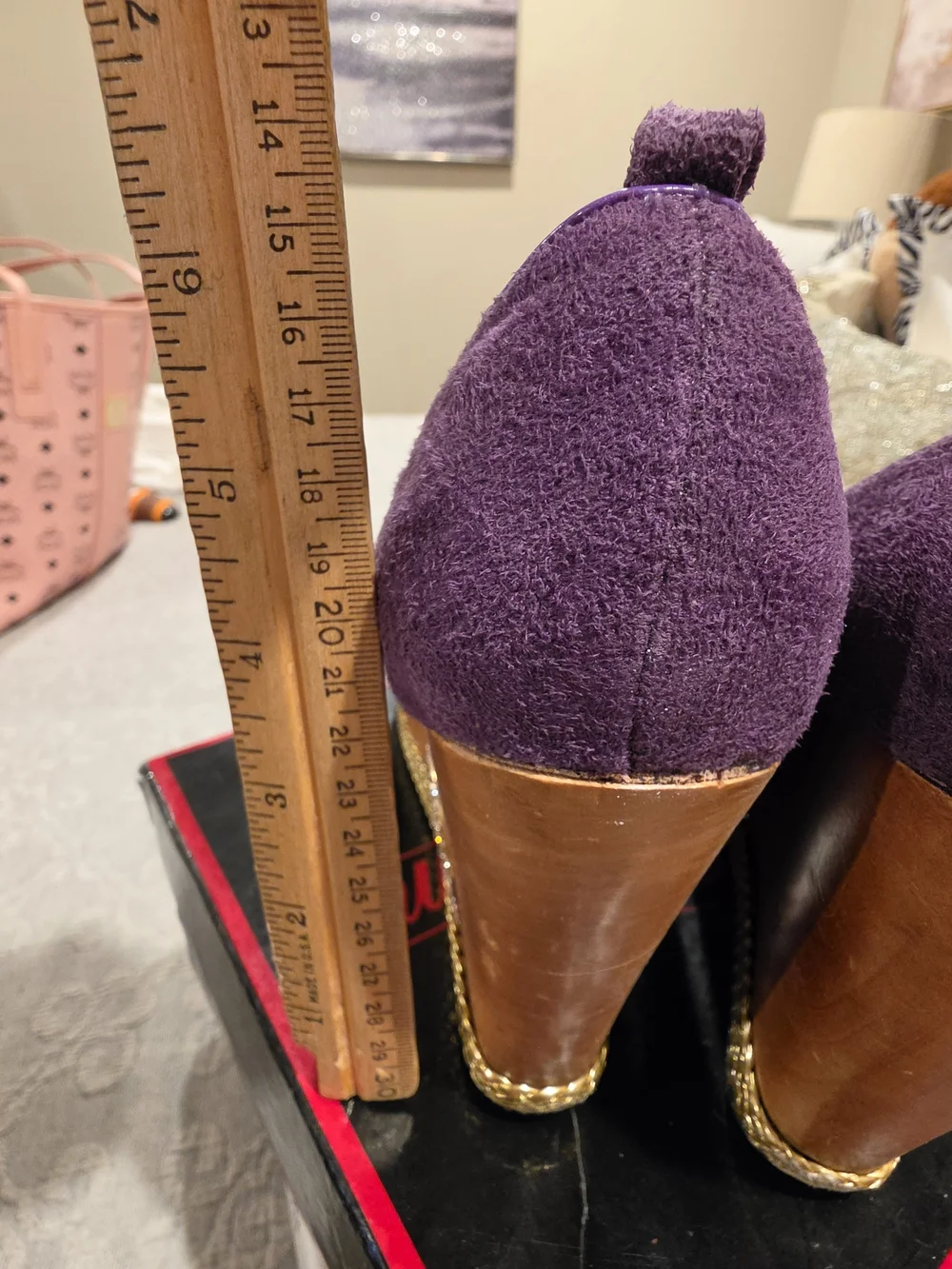 Apple Bottoms Purple Peep-Toe Platform Heels with Gold Trim